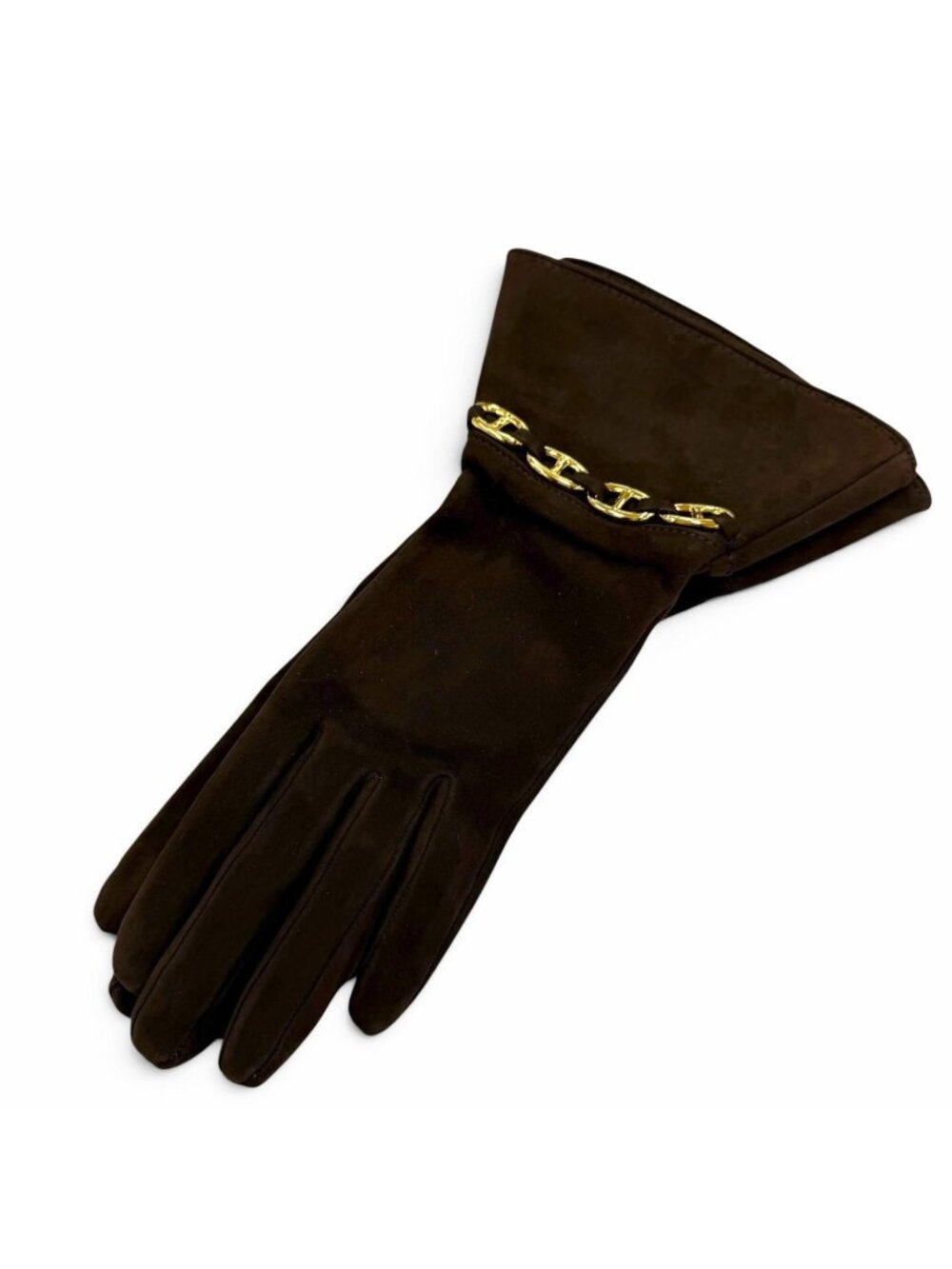 Hermes Gold Chaine D'ancre Suede Leather Glove Dark Brown